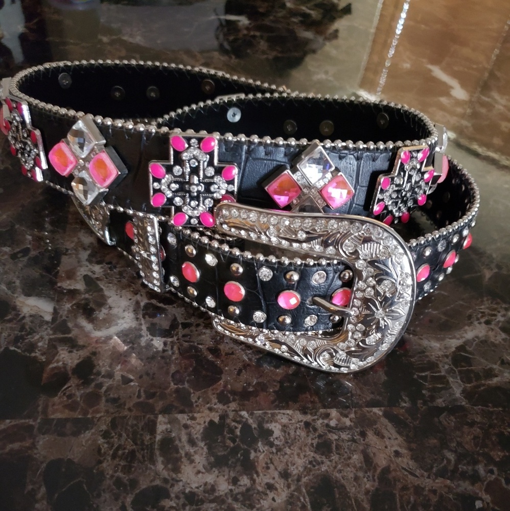 Black & Pink Western Bling Belt Sz L